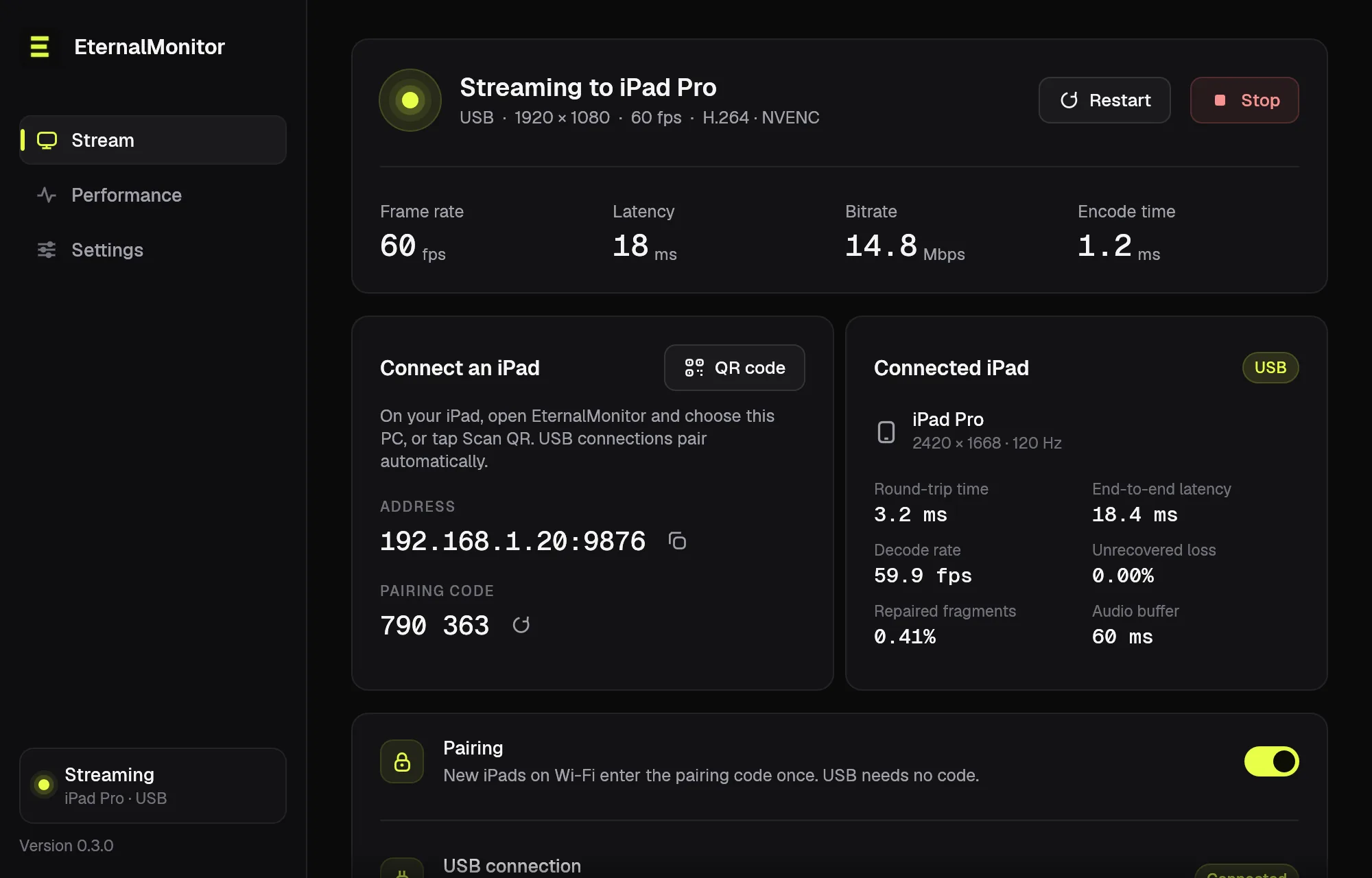 The EternalMonitor Windows app streaming to an iPad Pro over USB at 60 frames per second, with its address, pairing code and connection status.