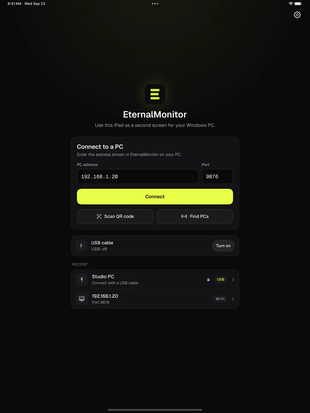 The EternalMonitor iPad app's connect screen, with fields for the PC's address, a Connect button, QR scanning and a USB status row.